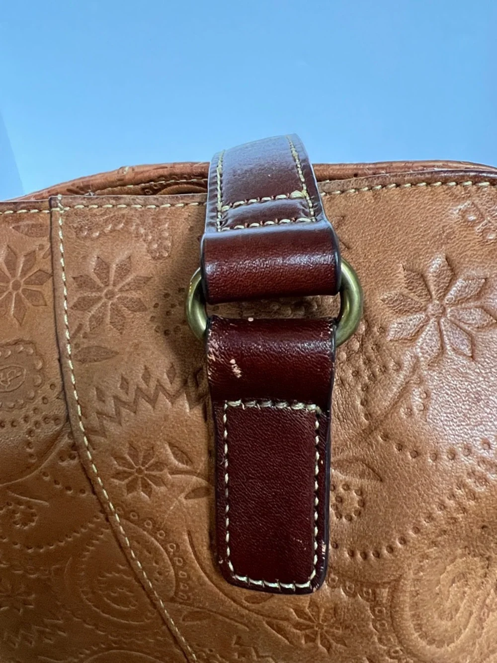 Fossil Tooled Floral leather Y2K Satchel Shoulder Bag Caramel Brown Leather - Picture 12 of 13